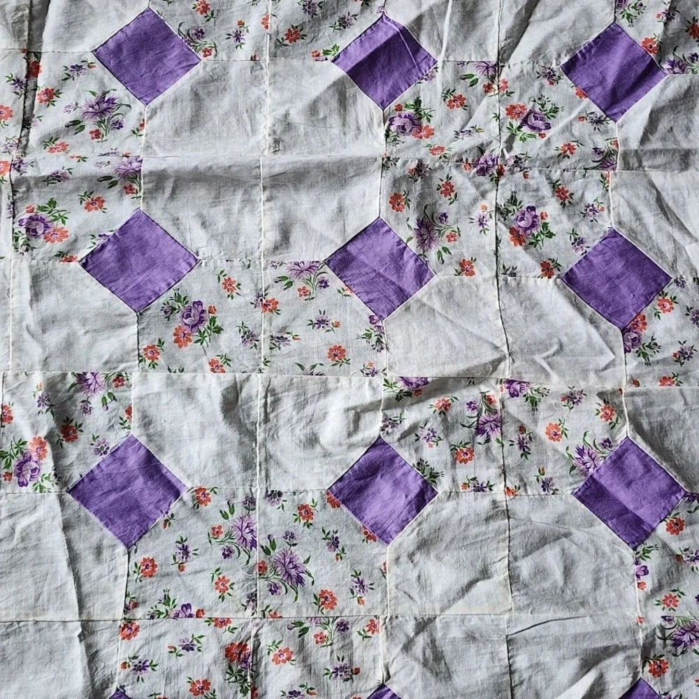 VINTAGE Handmade Patchwork Quilt Top Unfinished Purple Bow Tie Floral 38x92